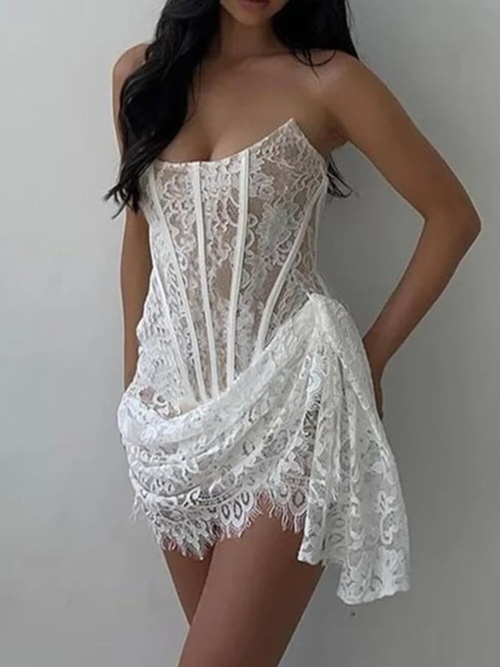 White Lace Strapless Corset Dress